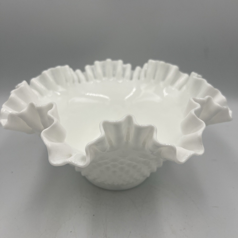VTG Fenton Milk Glass Hobnail 9" Ruffled‎ Crimped Edge Bowl | Mid-Century Modern